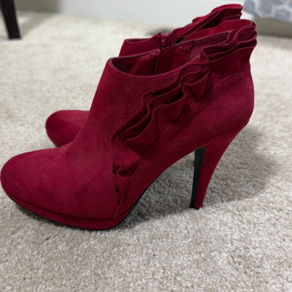 IMPO Red Faux Suede Ankle Boots with Ruffle Detail - Picture 3 of 6